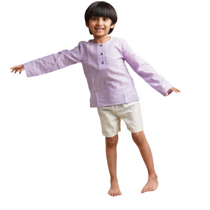 Earthy Wanderer' - Boys' Set with Full Sleeve Button-down Shirt and Shorts (1-6 Years)